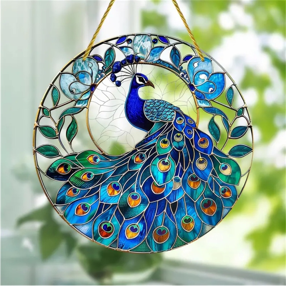 Faux Stained Glass Cut-Out Peacock Suncatcher w/ Hanging Cord